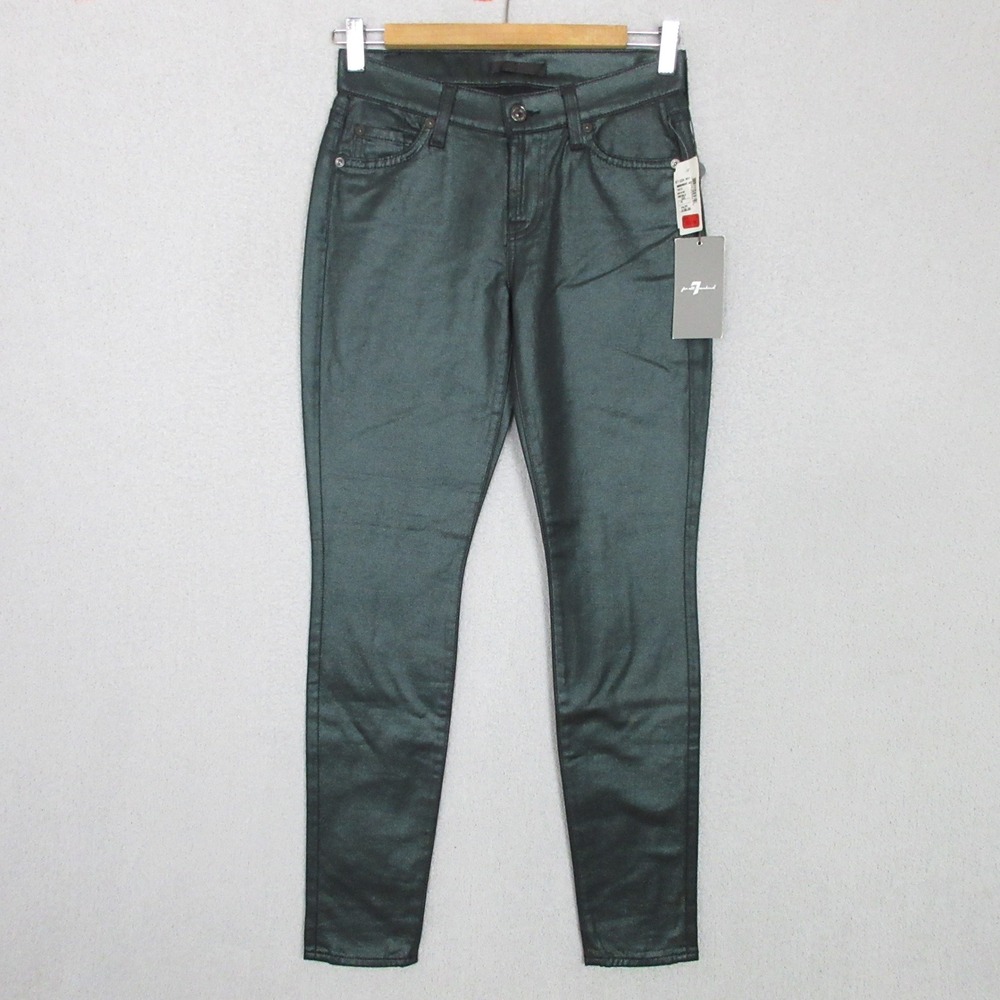 7 For All Mankind Womens Emerald Green Metallic Coated Skinny Jeans Size 24 NWT